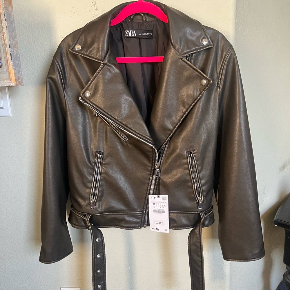 Zara women’s dark brown, faux moto leather jacket nwt
